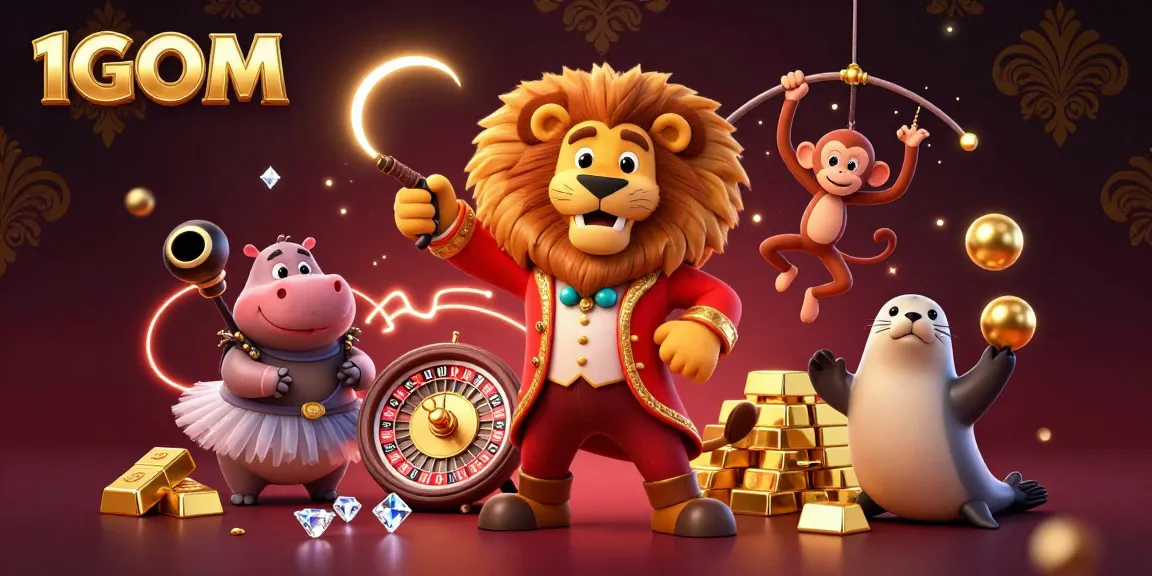 Bet on exciting games at 1GOM with a vivid illustration displaying dynamic casino elements and engaging characters.