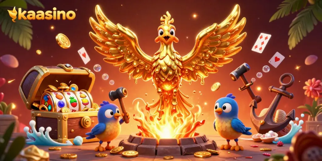 Kaasino showcases an ultra-detailed 3D illustration of a molten phoenix amid gaming symbols and treasures.