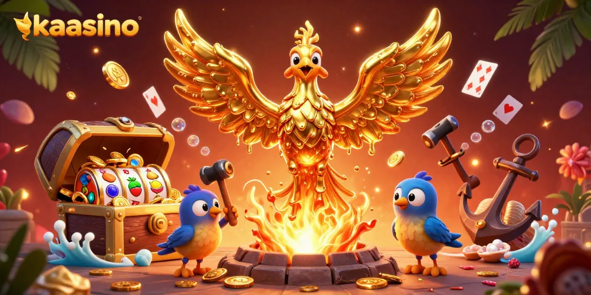 Kaasino showcases an ultra-detailed 3D illustration of a molten phoenix amid gaming symbols and treasures.
