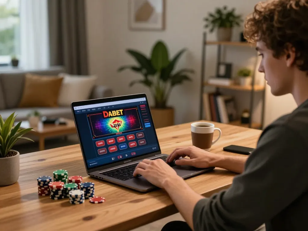 Dabet online gaming setup with a player focused on a laptop, chips stacked on the desk, and warm lighting.