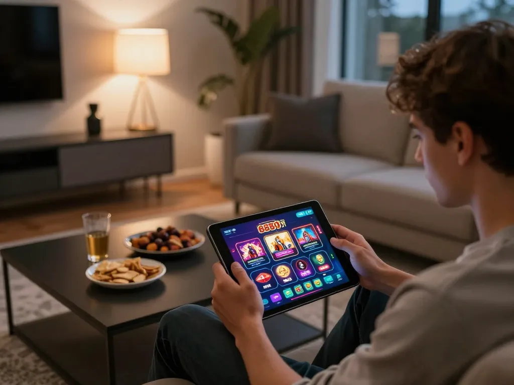 Player enjoying 888slot game on tablet in a cozy home setting, snack and drink nearby