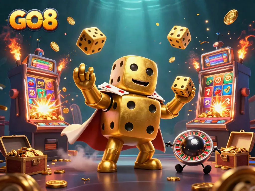 GO8's thrilling casino adventure with golden dice and slot machines highlighting joy and excitement