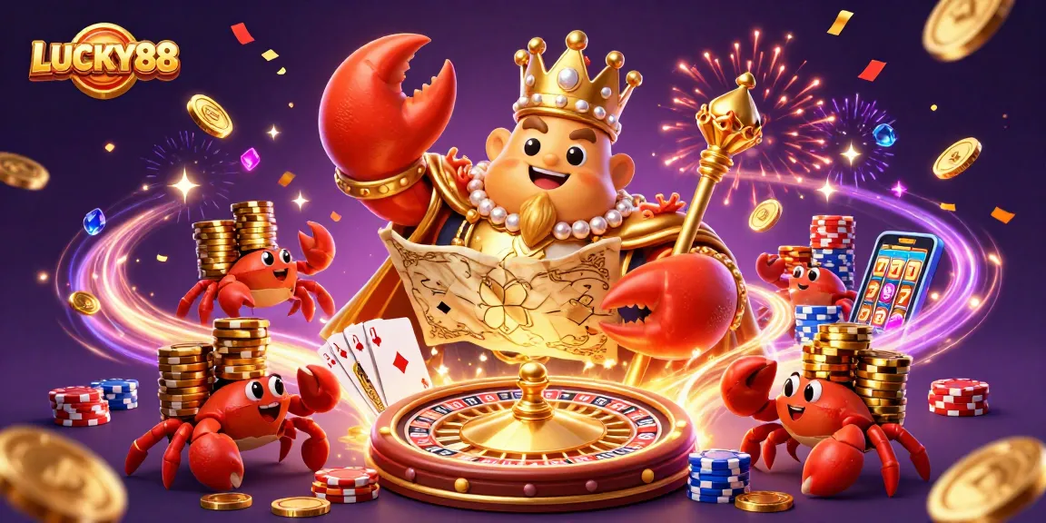 Experience LUCKY88 in thrilling gameplay with a vibrant scene of a crab emperor, treasures, and casino excitement.