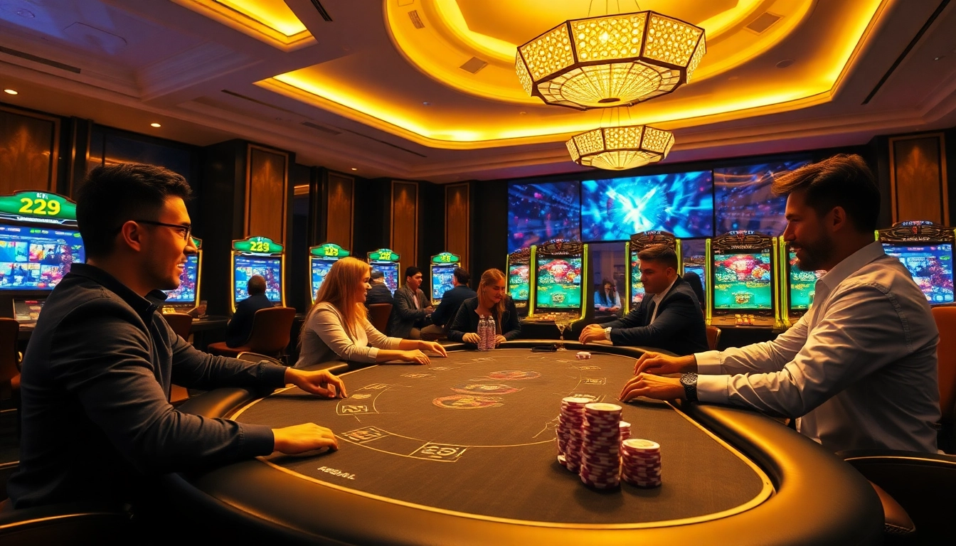 Experience the vibrant online gaming ambiance of https://23win.art/ with players at luxurious casino tables.