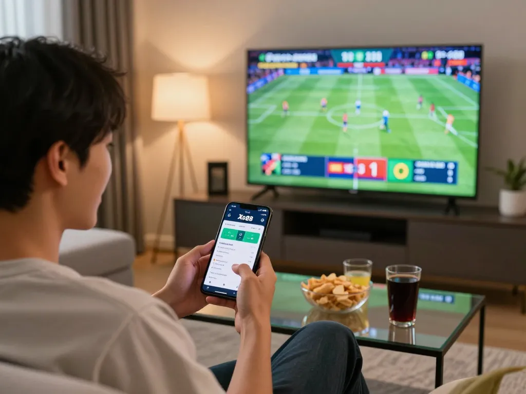 Cổng game Xo88 displayed on a smartphone as a person engages with live sports betting in a cozy home