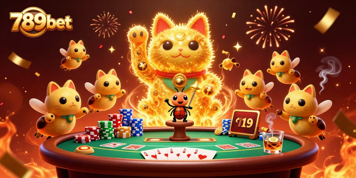 Engage in the vibrant world of 789bet with a lively illustration of a lucky cat and poker elements.