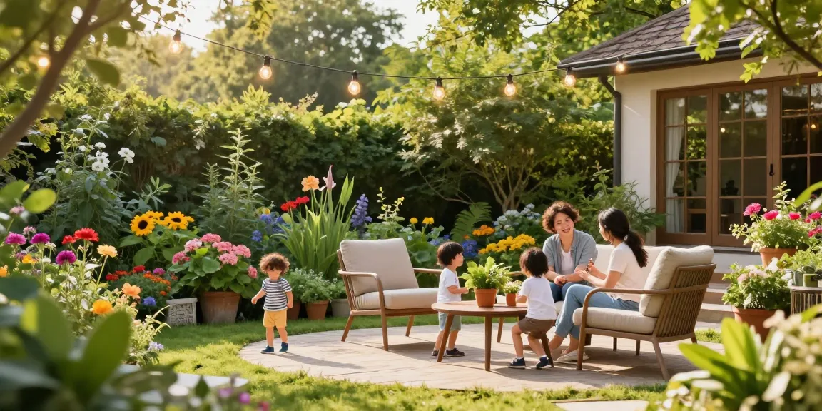 Kunsthaag voor buiten die een gezinsvriendelijke tuinretreat verfraait met gezellige zitplaatsen en een warme sfeer.
