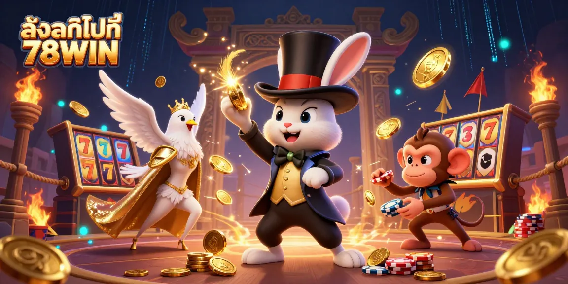 Engage with ลิงก์ไปที่ 78WIN in this vibrant 3D illustration depicting a magician rabbit, a dove, and a monkey amidst a lively casino scene.