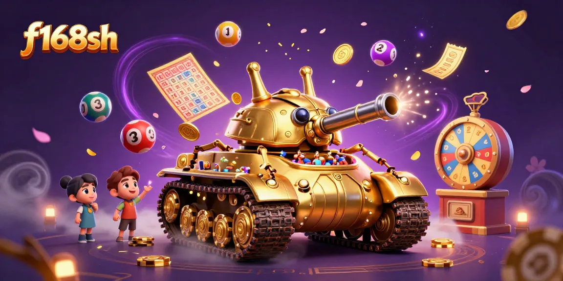 Engage with the lively f168sh casino scene featuring a gold beetle tank amidst colorful lottery elements and dynamic party effects.