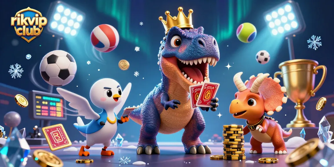Engage with the rikvip club gaming scene featuring a T-Rex, assistant, and chips in vibrant casino action.