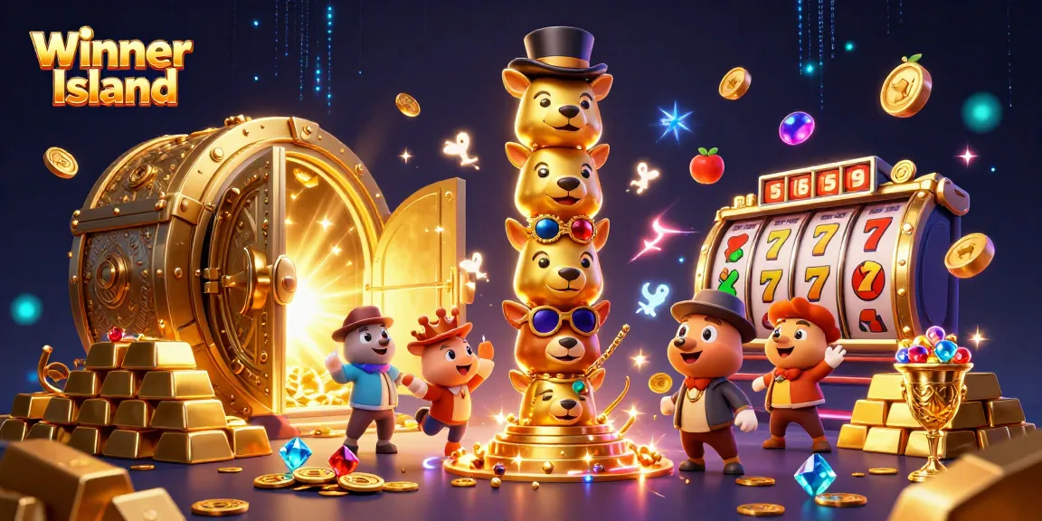 Winner Island casino's enchanting totem poles amidst sparkling treasures and vibrant slot elements.
