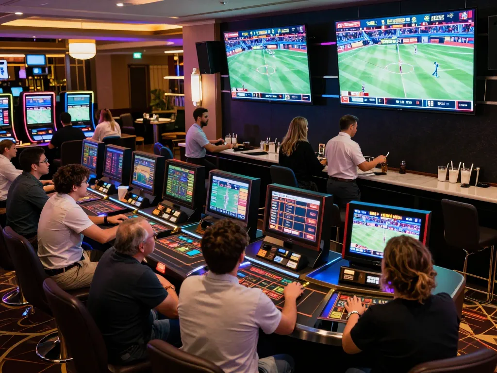 Engaged bettors analyzing kèo nhà cái at a high-end casino sports betting area during live games