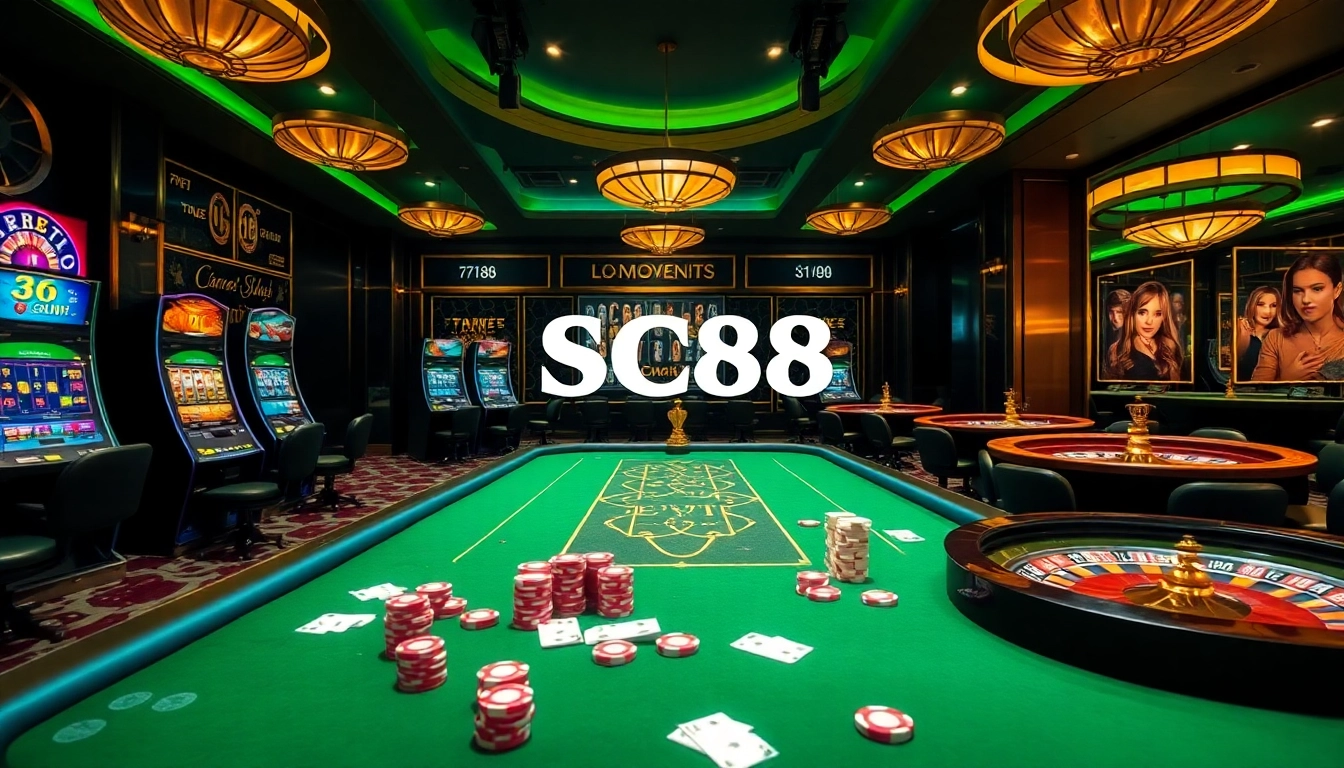 Players enjoying games at Trang Chủ SC88 with vibrant slot machines and poker tables.