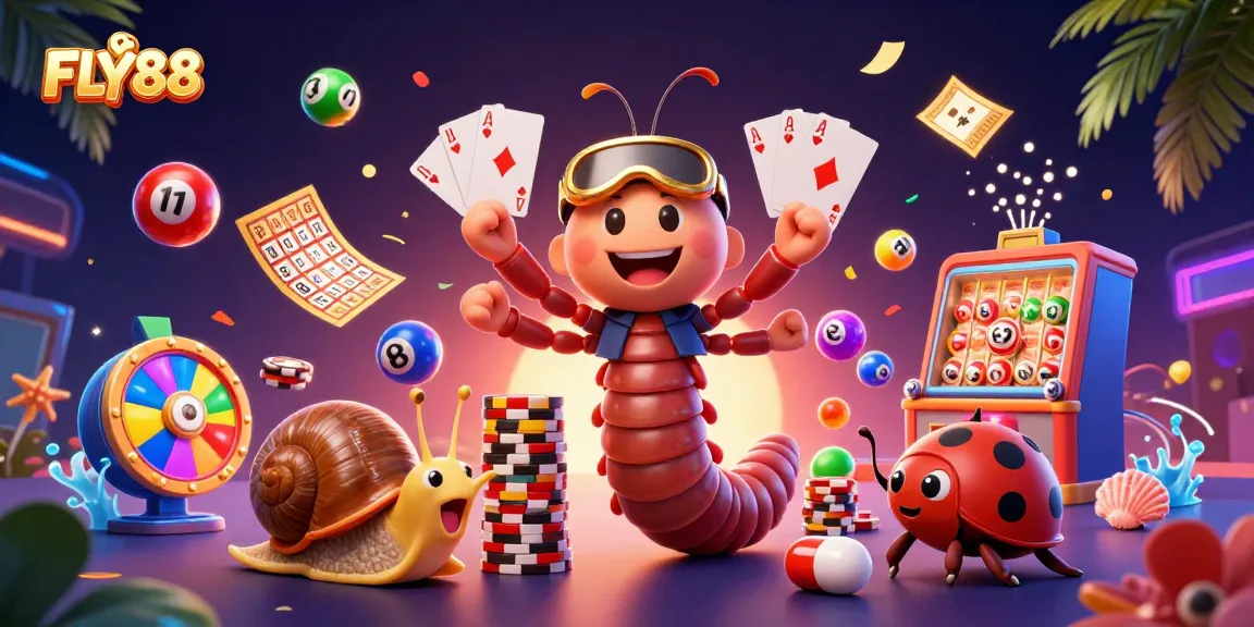 FLY88 showcases a lively casino scene with a millipede dealer, vibrant games, and a snail high-roller.