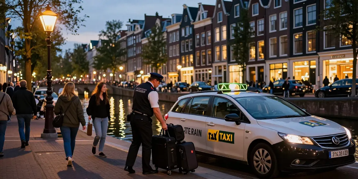 Taxi centrale amsterdam driver assisting passengers in a scenic urban setting at twilight.