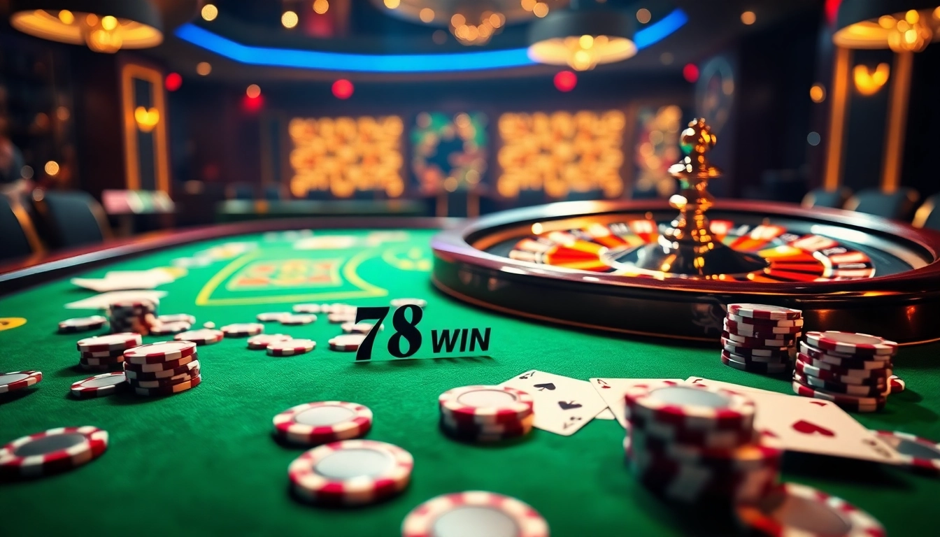 Experience the thrill of the 78 Win casino with vibrant tables, chips, and winning cards.