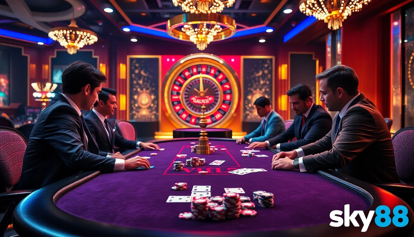 Experience the excitement of nhà cái sky88 with professional poker players at an elegant casino table.