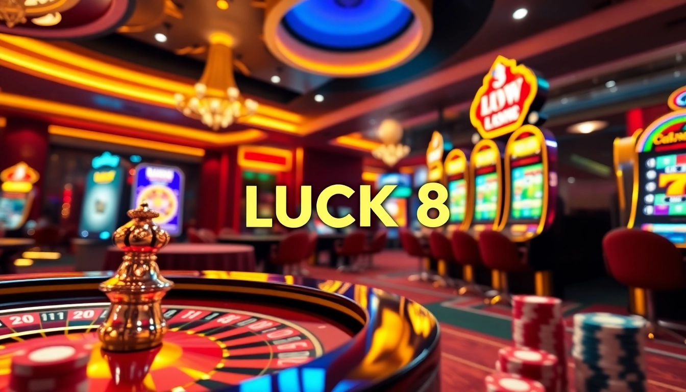 LUCK 8 showcases an exciting online casino atmosphere with roulette wheels and poker chips.
