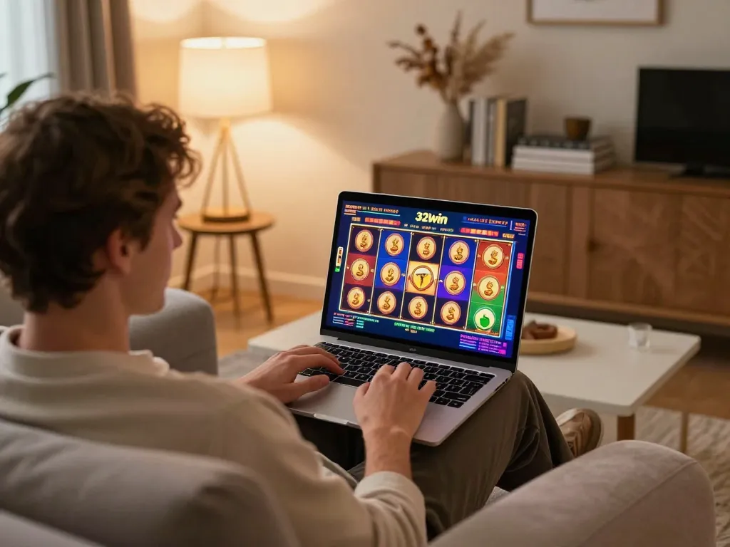 Engaging with 32win's online gaming on a laptop in a cozy home setup.