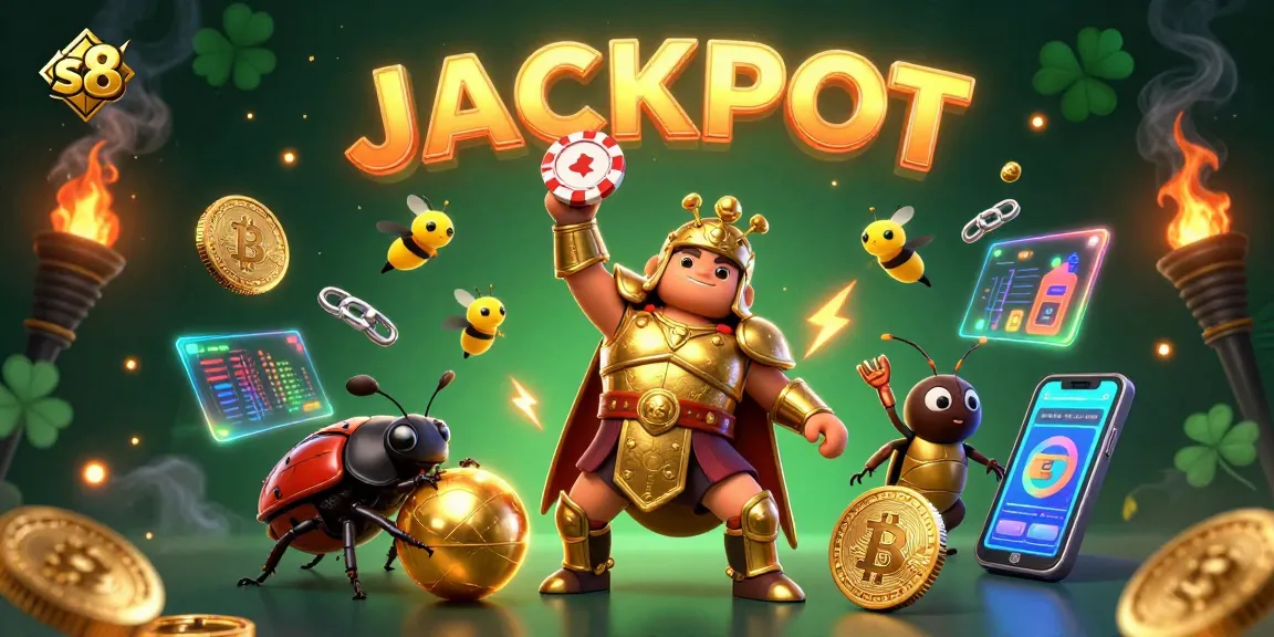 S8 unleashes excitement with a golden armored beetle raising a poker chip, surrounded by vibrant casino elements.