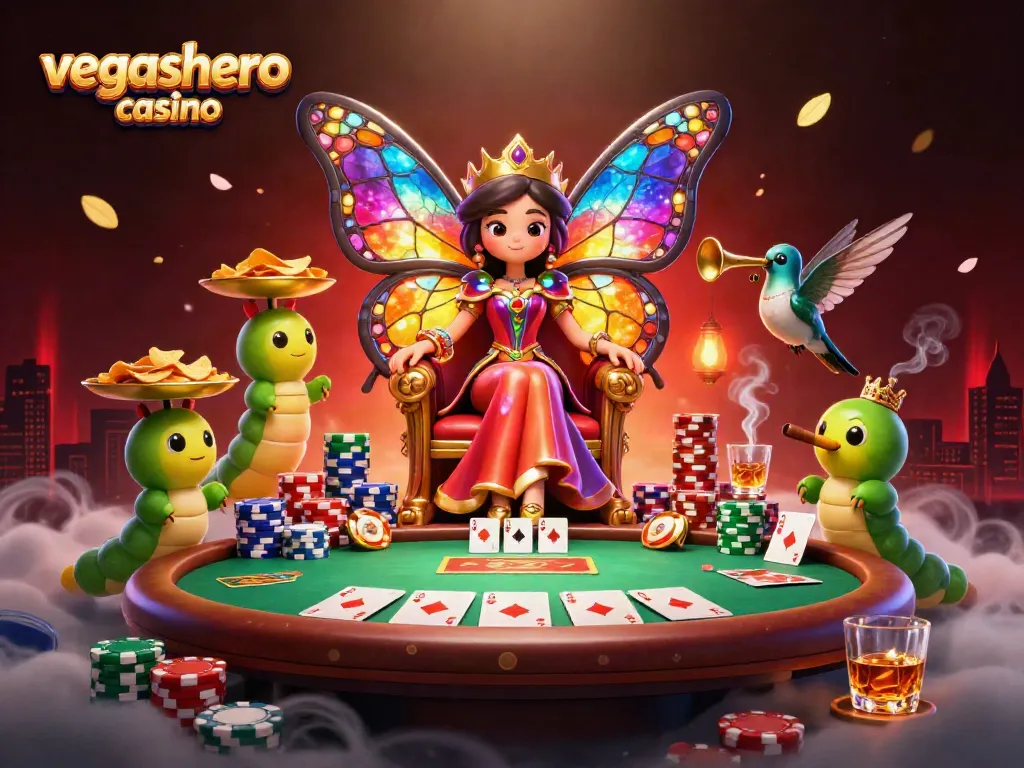 Engage with the vibrant vegashero casino scene featuring a butterfly queen and poker table.