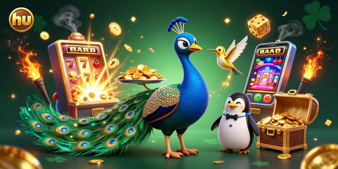 Experience the vibrant hu gaming world with an aristocratic peacock and dynamic jackpot scene.
