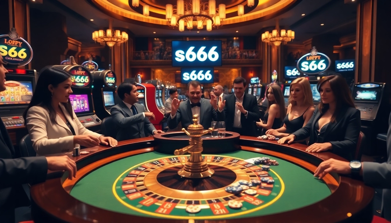 S666 gamblers celebrating at a lively roulette table in a luxurious casino.