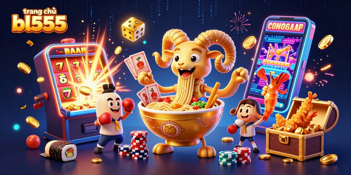 Experience thrilling play at trang chủ bl555 with vibrant 3D cartoons of a giant ramen bowl, sushi dealer, and explosive slot machine action.