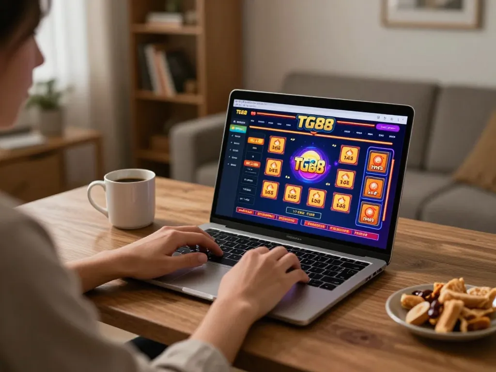 Engaged user playing TG88 online casino games on a laptop in a cozy home office