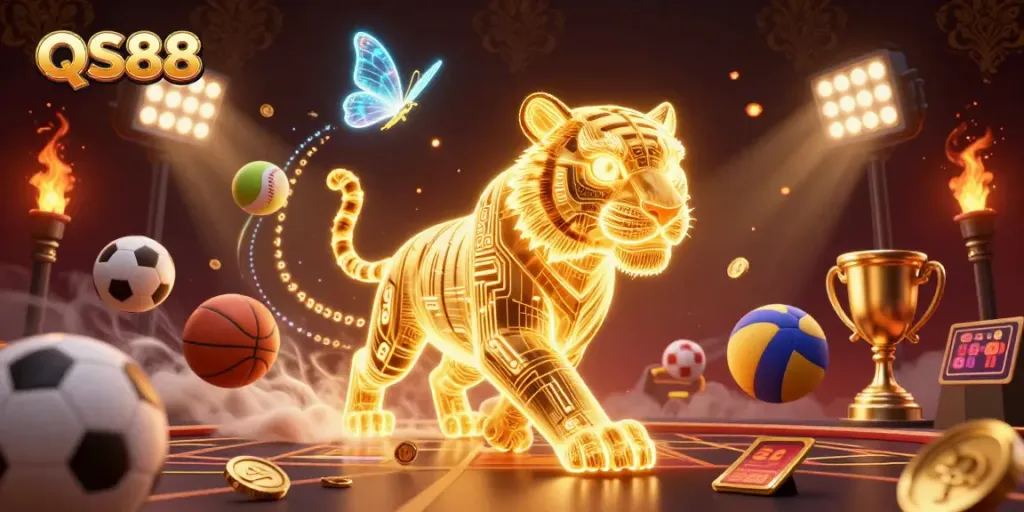 Experience thrilling gameplay at QS88, featuring dynamic casino games and sports betting in a vibrant 3D scene.