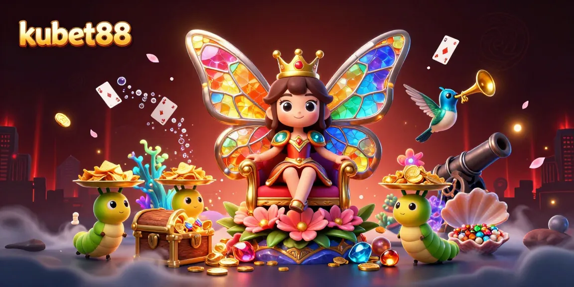Experience winnings at kubet88 with a colorful 3D butterfly queen surrounded by casino treasures.