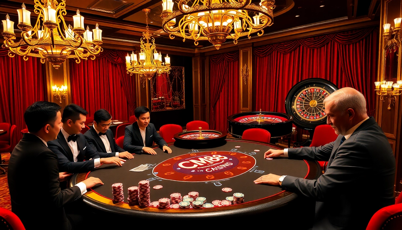 Engaging poker players at a luxurious CM88-themed casino table.
