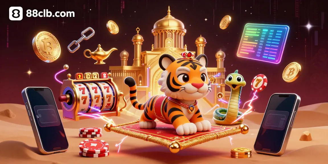 Play with exciting casino slots at 88clb-com featuring a tiger sultan on a flying carpet surrounded by neon cryptocurrency.