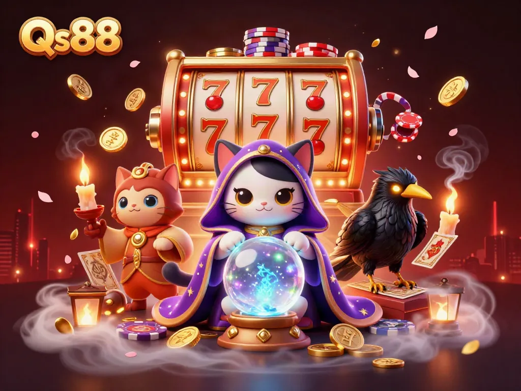 Experience the thrill of Qs88 with a mystical scene featuring a fortune teller cat and slot games.