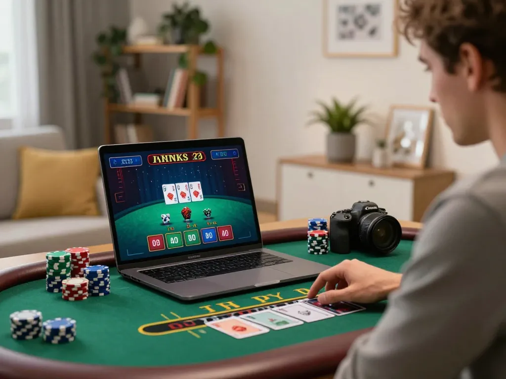 LLwin player strategizing during an online blackjack game at home with vibrant cards and chips