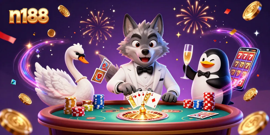 Engage with n188 at a vibrant 3D casino scene featuring the debonair wolf, elegant swan, and sophisticated penguin.
