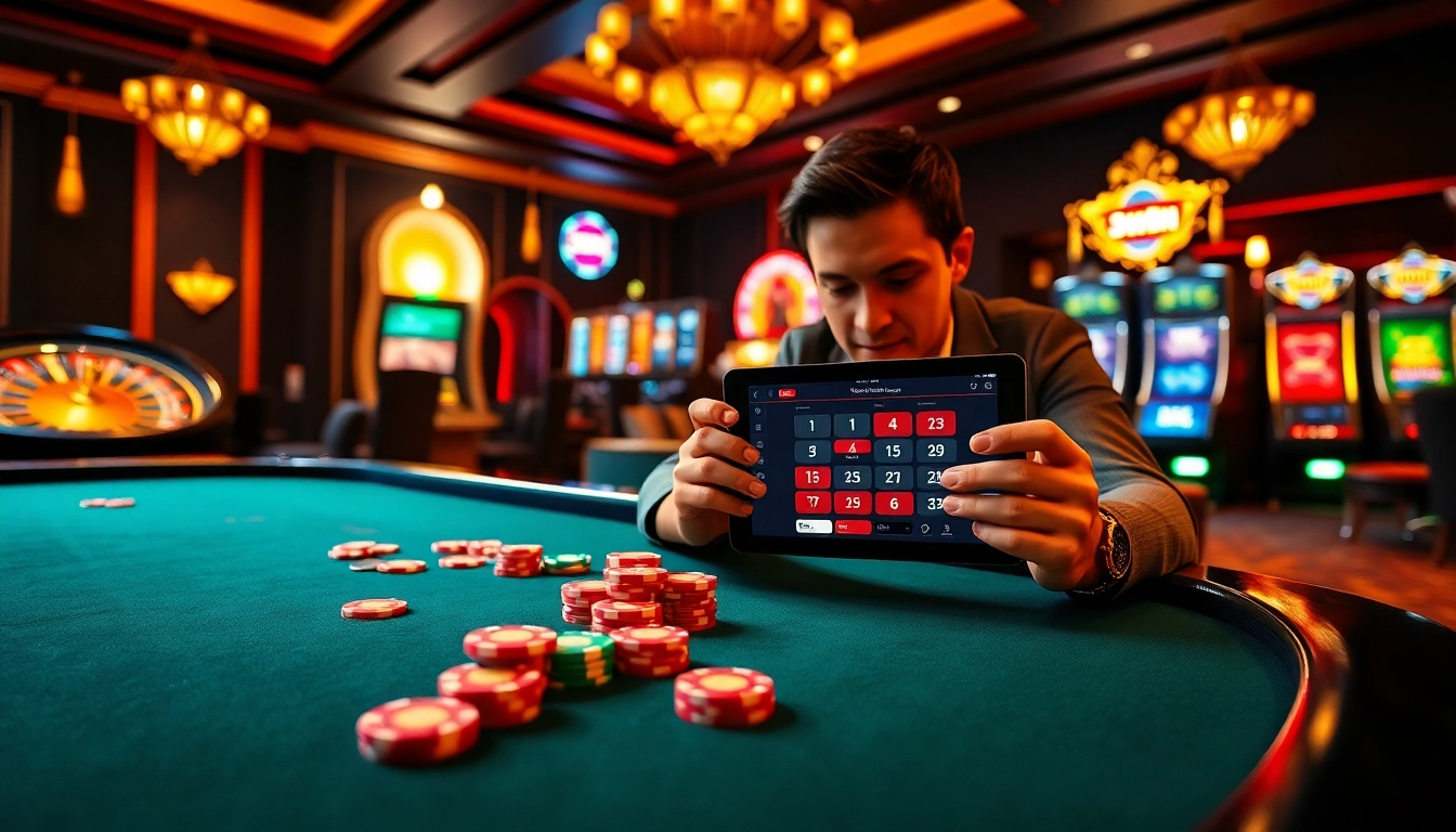 Engaging player enjoying the 3win app at a luxurious casino table, surrounded by vibrant chips and cards.