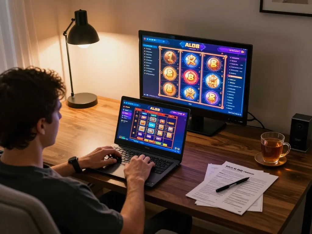 Person playing online ALO8 casino games on a laptop with strategy notes on table.