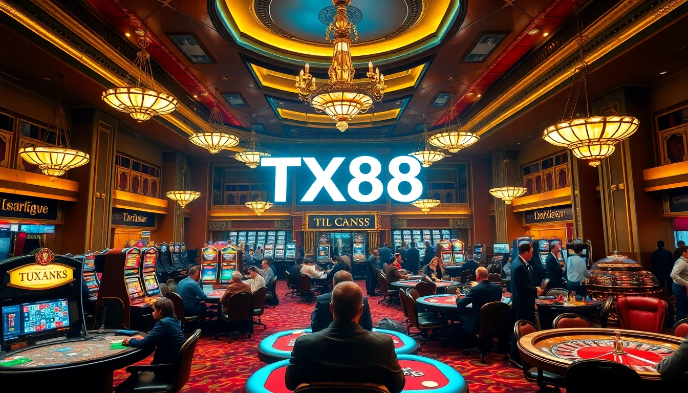 Betting action in a vibrant casino with TX88 branding, showcasing excitement at the tables.