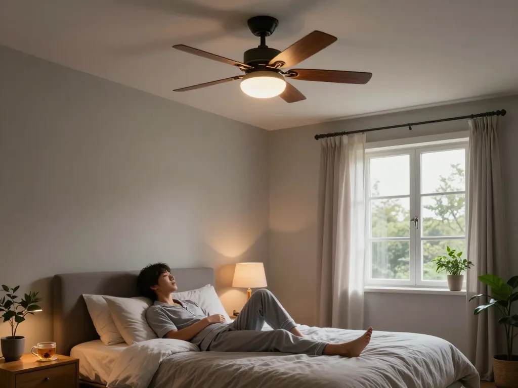 Gezellige slaapkamer met een ventilatorbed, dat rustige slaap bevordert met een stijlvolle plafondventilator en kalmerende decoratie.
