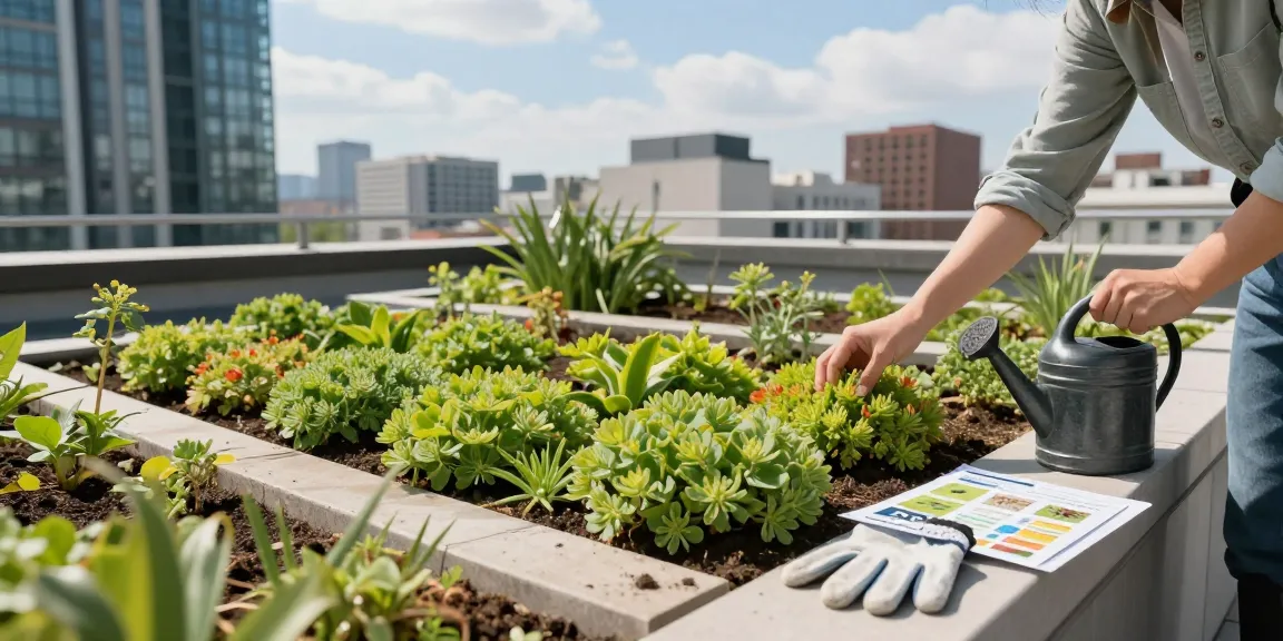 Levendige installatie van een lichtgewicht groen dak met gezonde sedumplanten en tuingereedschap