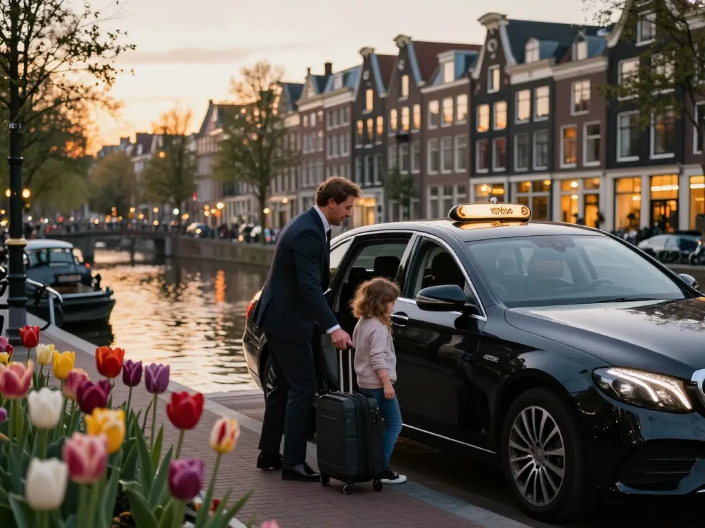 Taxi Amsterdam met een gezin dat wordt geholpen om in een luxe voertuig te stappen door een professionele chauffeur