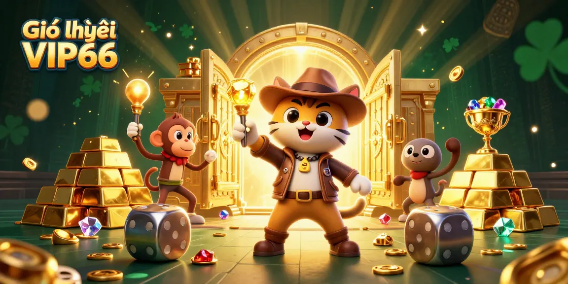 Giới thiệu VIP66 showcases an adventurous scene with a cat explorer discovering casino treasures, emphasizing the excitement of gambling.