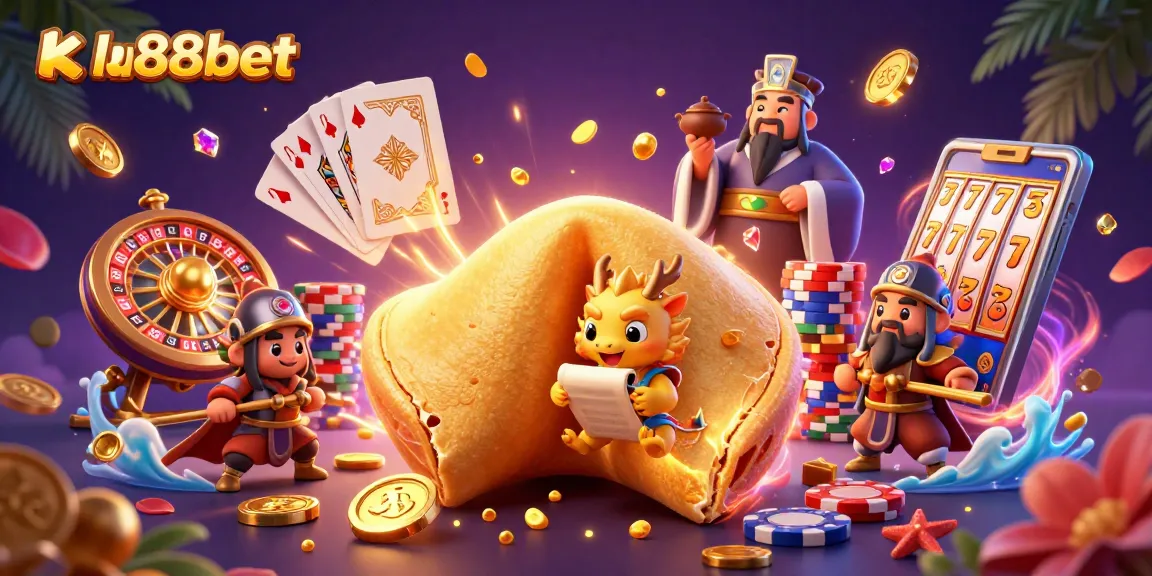 Win big with ku88bet at this vibrant casino illustration featuring a golden fortune cookie and dynamic gaming elements.