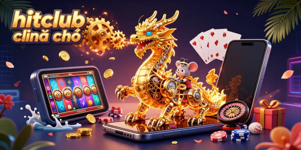 Experience hitclub chính chủ with this vibrant scene featuring a biomechanical dragon amidst dynamic casino elements.