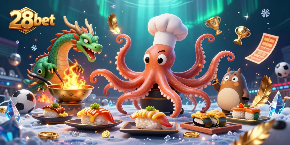 28bet offers a vibrant illustration of an octopus chef and dragon cooking, highlighting the exciting gaming experience.