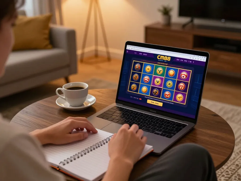 Engaged player utilizing CM88 COM online casino on a laptop, emphasizing responsible gaming strategies.