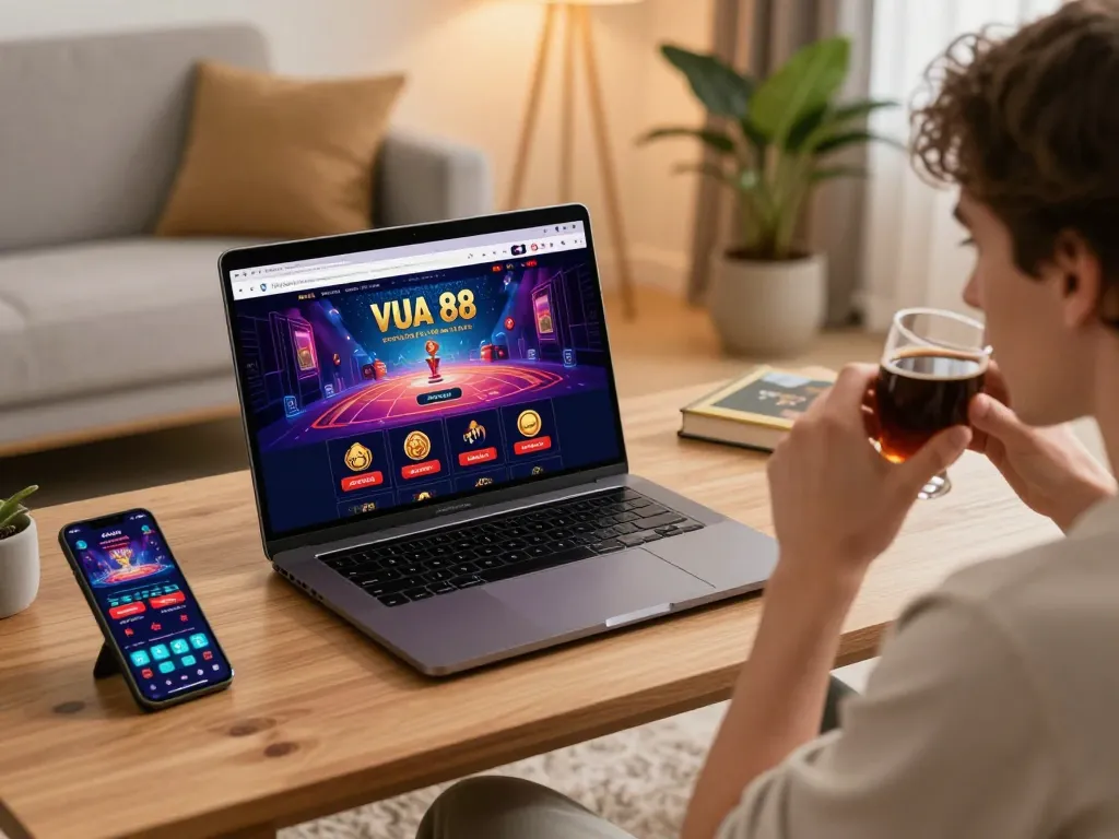 Engaging with VUA 88 online casino interface in a cozy setup, blending strategy and relaxation.