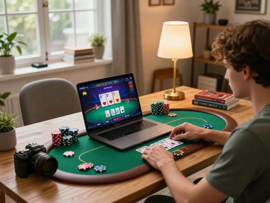 Engaging poker gameplay at home on laptop showcasing nhà cái UU88 with vibrant ambiance and cozy setup