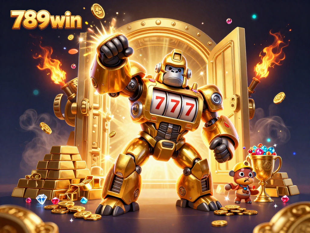 Engage with 789win's thrilling casino action featuring a golden gorilla mech and dynamic treasures.